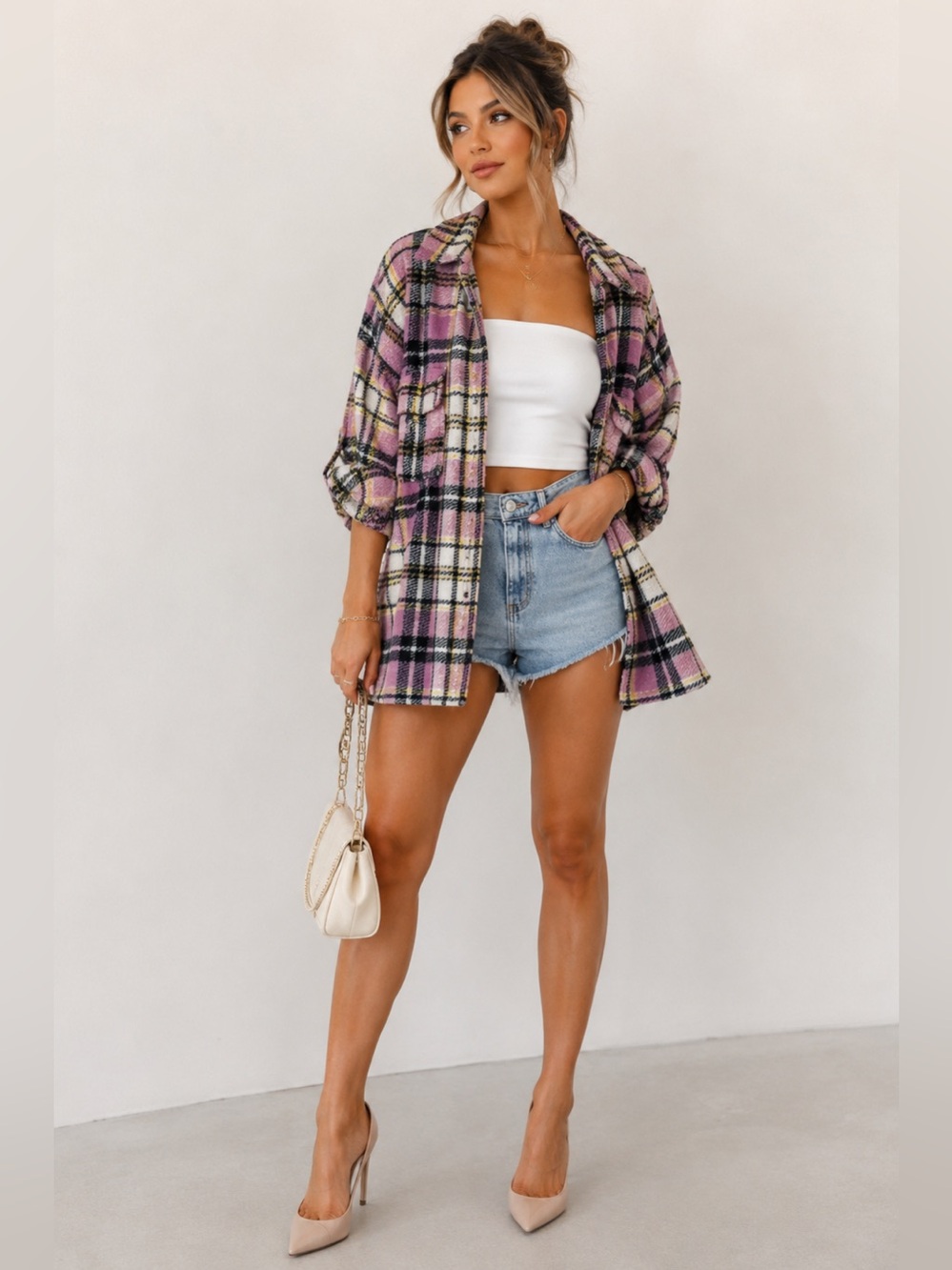 ZARA Oversized Pink Plaid Shacket Jacket Large jeweled Cozy Luxe Statement Coat
